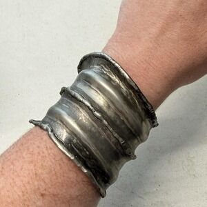 Vintage Wide Cuff Bracelet Silver Plated Bronze Brutalist Sculptural Metal MCM